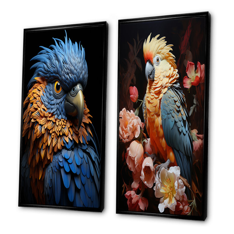 Plumage mystique bleu et jaune - Rhapsodie tropicale - ensemble de 2 impressions sur toile de perroquet, Cadre flottant noir