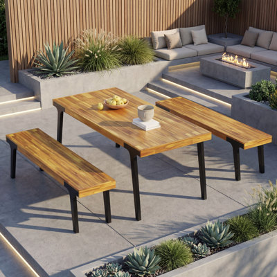 Ensemble de salle à manger d'extérieur moderne en bois d'acacia avec table à lattes et 2 bancs, l 69 po, pour patio et jardin