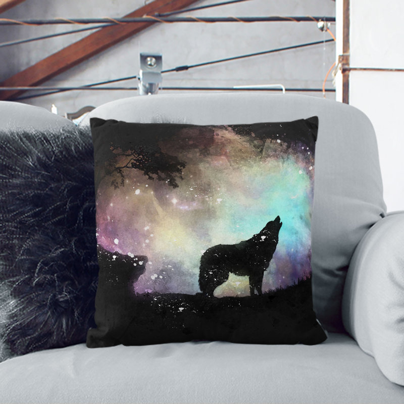 Howling Wolf with a Galaxy Forest Paint Splash Cushion with Filling, 55cm H x 55cm W x 20cm D, White