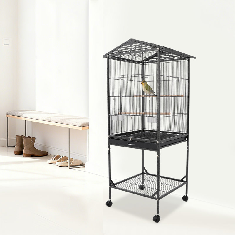 Cage à oiseaux en métal, cage à oiseaux avec plateau de jeu ouvert, roues, Noir