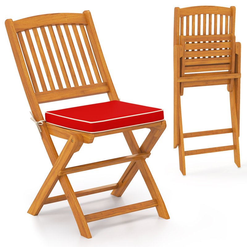 Ensemble de 2 chaises pliantes d'extérieur en bois d'acacia à haut dossier avec coussins de siège, Rouge