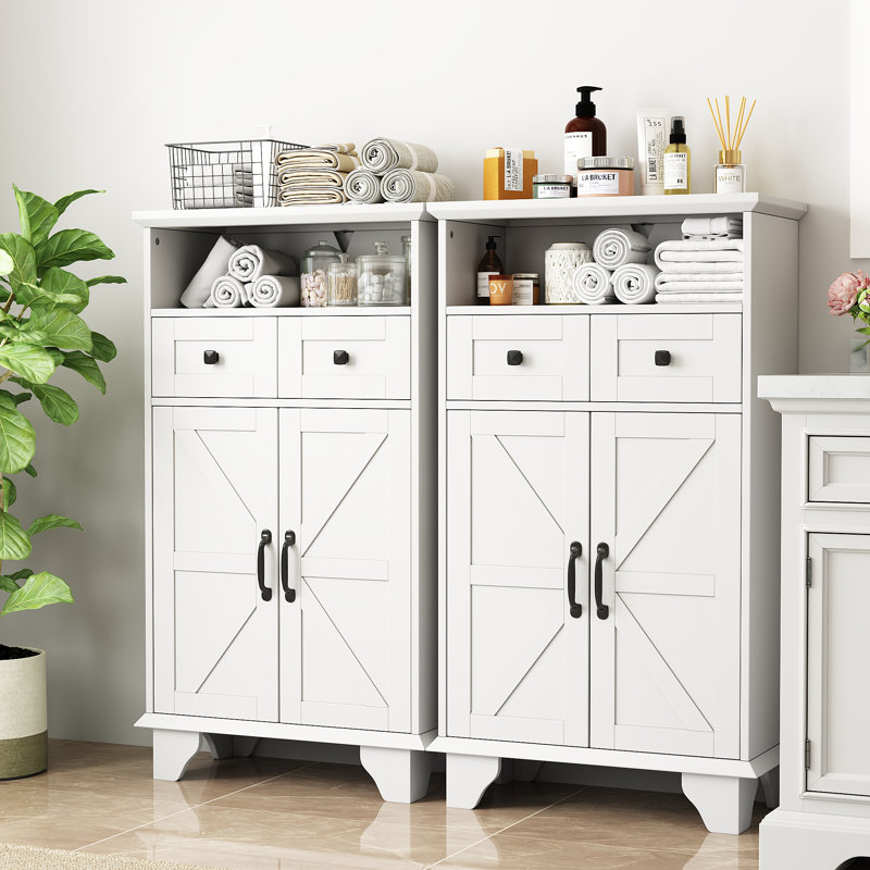 Armoire à linge haute, meuble de rangement de salle de bain autoportant avec 2 portes et 2 tiroirs, armoire à serviettes de style campagnard