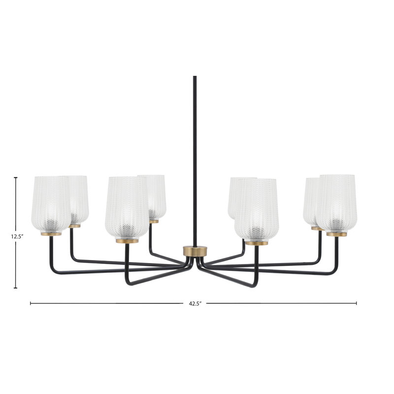 Lustre 8 lumières Amarmula, noir mat et laiton vieilli, verre texturé transparent 5 po, Clair, Noir/laiton