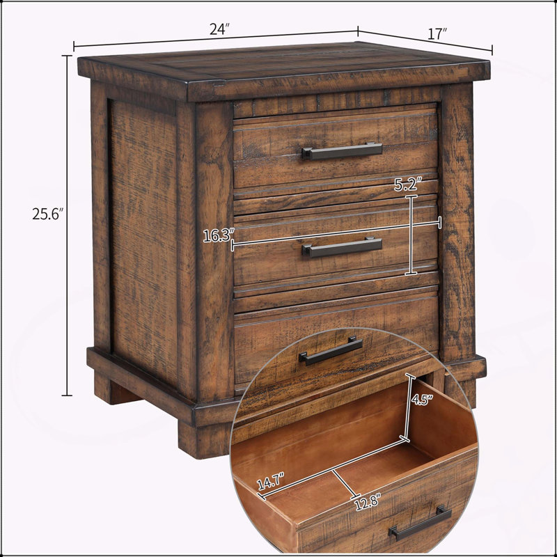 Rustic Three-Drawer Reclaimed Solid Wood Farmhouse Nightstand, Perfect for Adding Charm and Storage to Any Bedroom