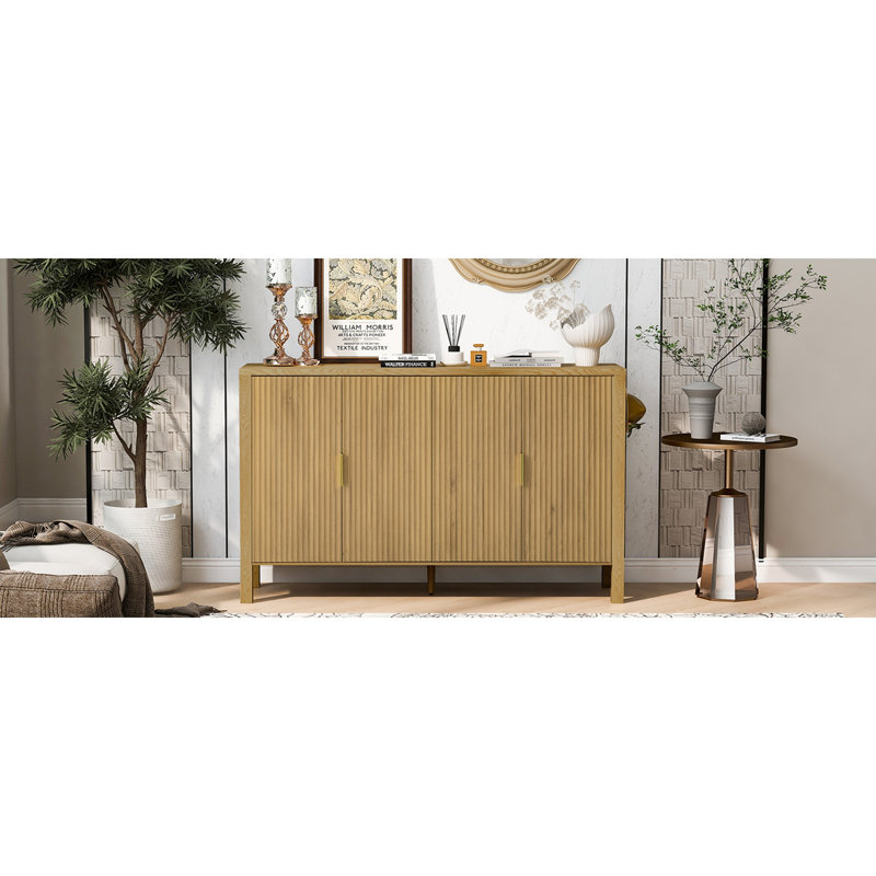 Armoire de rangement moderne à rayures 57,5 po, buffet à 4 portes avec porte arrière et crochets latéraux, tablettes réglables, poignées en aluminium pour le salon et la salle à manger