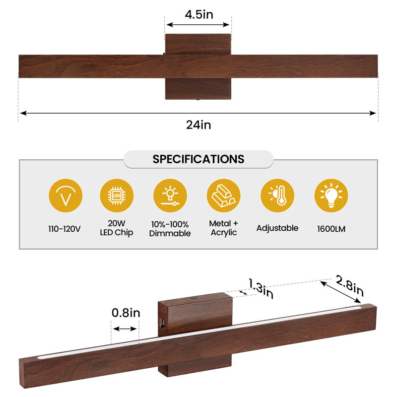 24-Inch 5CCT Dimmable Bathroom Vanity Light, 4.5" H x 24" W x 2.8" D, Walnut