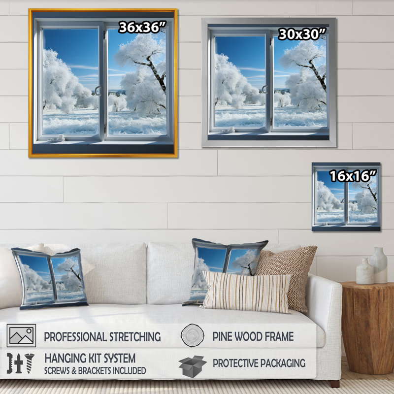 «Forest Winter Window View III - Winter Landscape», art mural, Cadre simple blanc, H 30 po x l 30 po x P 1,5 po