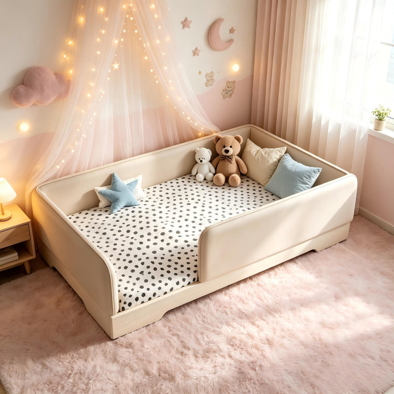 Grand lit tapissier au sol Montessori en similicuir avec garde-corps Lit plateforme pour enfants, tout-petits, brun., Brown