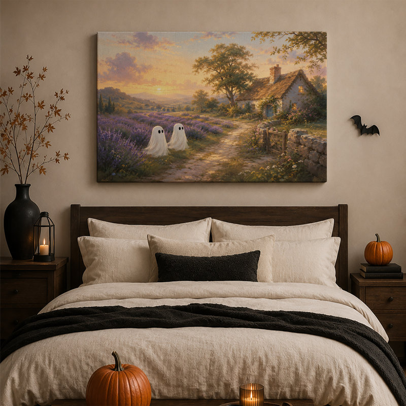 Art mural sur toile, "Deux fantômes blancs dans un champ de lavande près de chaume", 28"H x 40"W