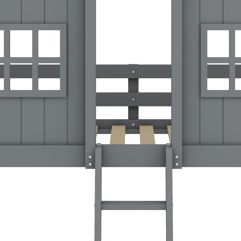 House Bunk Bed With Ladder, Wood Bed, Grey