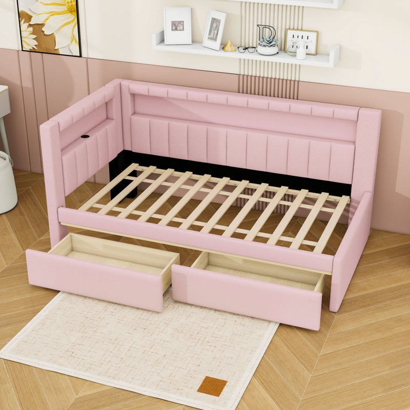 Twin Two Drawers Upholstered Platform Bed Frame with USB Ports and LED Lights, Pink