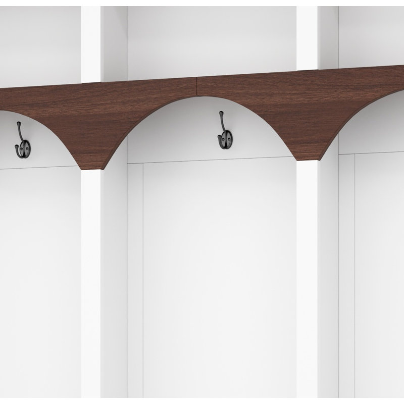 Farmhouse Style Wooden Entryway Tree With Arched Design, Practical With 5 Black Hooks, Simple 4-in-1 Entryway Shoe Cabinet With 7 Storage Compartments For Entryway And Living Room