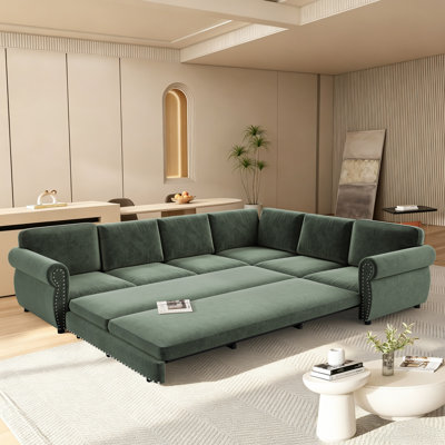 118" Oversize Convertible Sleeper Sofa With Nailhead Trim, Upholstered Sofa Couch With Pull-Out Bed