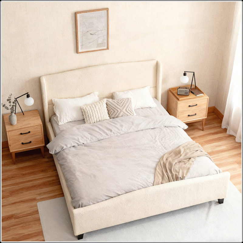 Structure de lit très grand avec tête de lit tapissier en velours à haut dossier, support à 12 lattes et pieds en bois massif pour un sommeil élégant et confortable