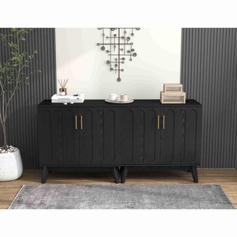 Buffet avec tablettes réglables et pieds en bois massif de style Mid-Century, Black