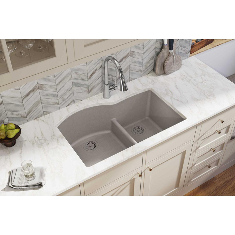 Quartz Classic 33" x 22" x 10" Double Basin Undermount Kitchen Sink, Greige