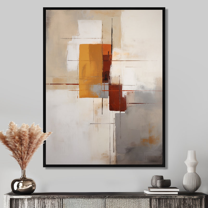 Décoration murale décolorée orange gris - Collages abstraits, H 44 po x l 34 po x P 1,5 po, Toile avec cadre flottant noir
