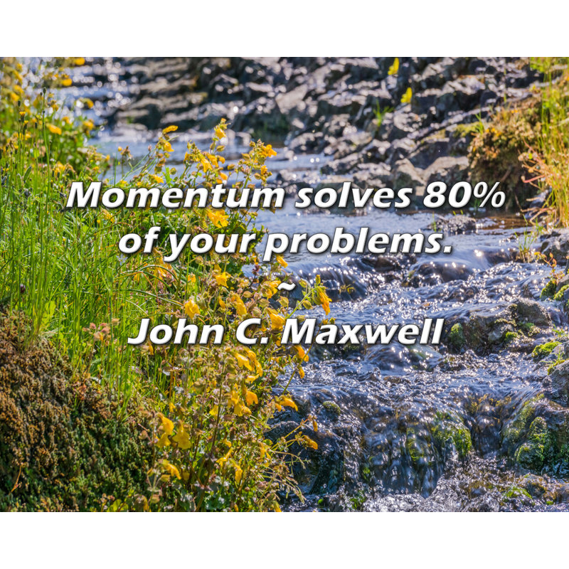 Citation artistique «Momentum résout 80% de vos problèmes». Toile tendue par John C. Maxwell, H 13 po x l 18 po
