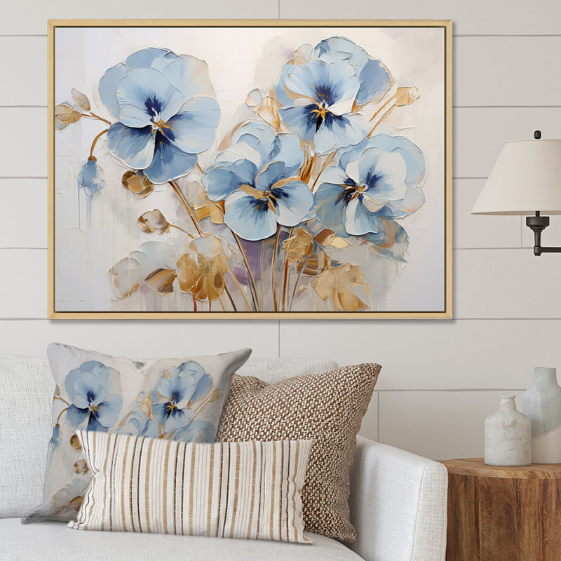 «Blue and Gold Minimalisme Pansy Delight» sur impression sur toile, Cadre flottant blanc, H 34 po x l 44 po x P 1,5 po