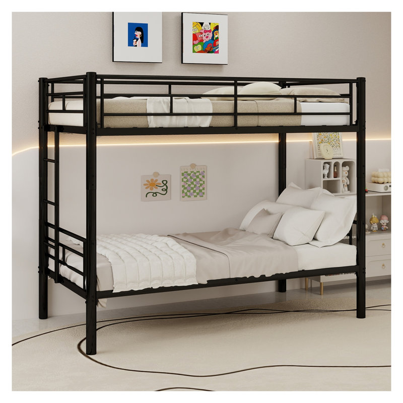 Lit superposé convertible simple au-dessus d'un lit simple en métal avec échelle - Structure en fer noir robuste pour enfants et adolescents
