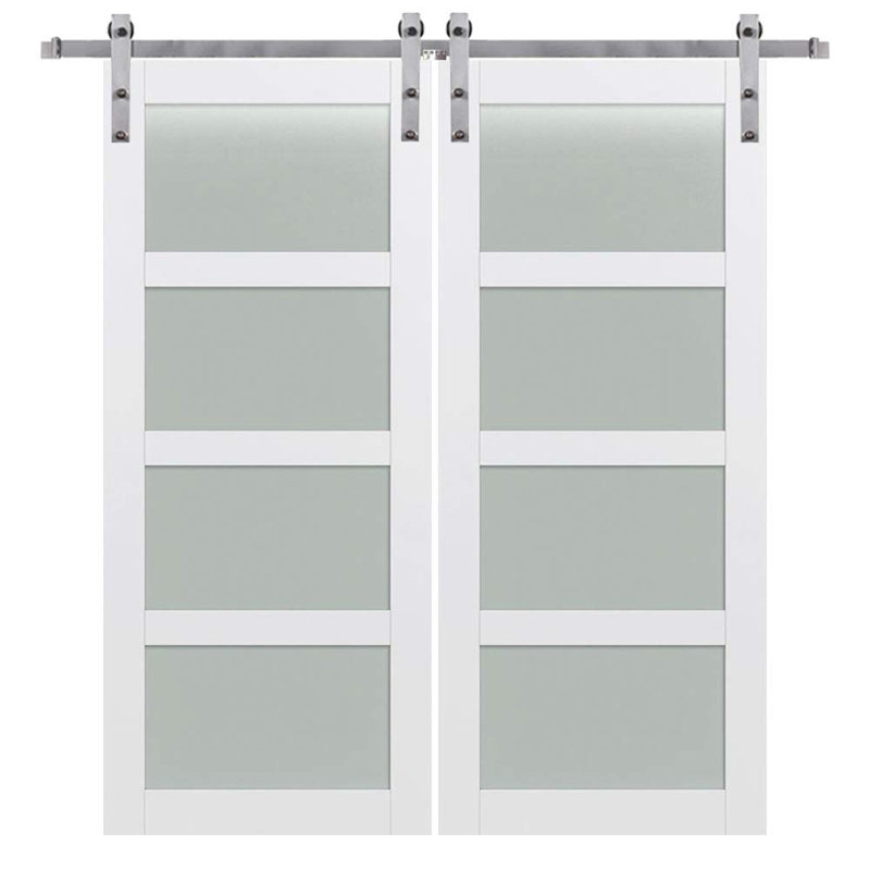 84" X 84" 4-Lite Frosted Primed HDF Barn Door Kit, Silver