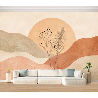 Papier peint adhésif mural minimaliste, paysage bohème, coucher de soleil, éléments floraux abstraits, adhésif amovible, papier contact mural pour salon, chambre à coucher H 100 po x l 144 po