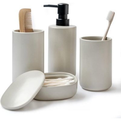 Ensembles d'accessoires de salle de bain en céramique beige, ensemble complet d'accessoires de salle de bain 4 pièces, ensemble de comptoir de meuble-lavabo, pompe à savon avec distributeur de lotion, gobelet, porte-brosse à dents, support Cotton Swab