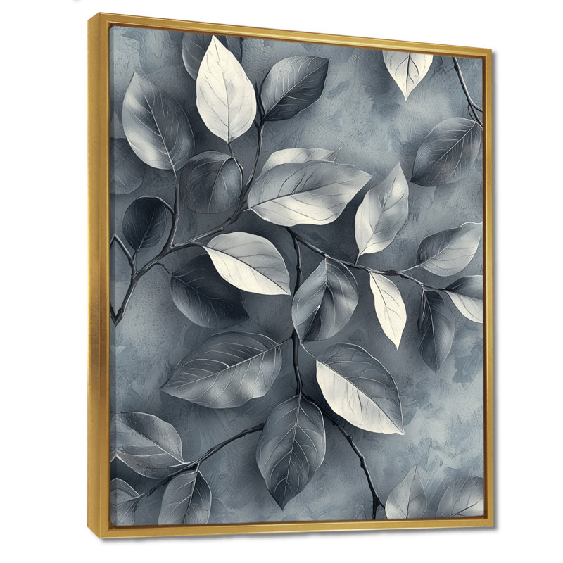 Cuivre, argent, étain, feuilles I - feuilles, art mural, H 40 po x l 30 po, Reproduction avec cadre flottant, Doré