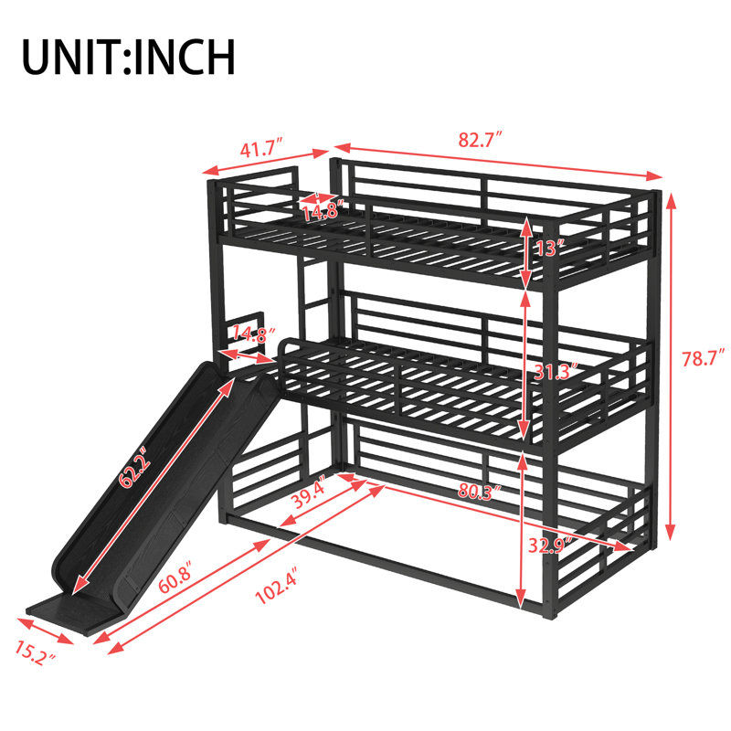 Twin XL over Twin XL over Twin XL Bunk Bed with Slide,Metal Triple Bunk Bed for Kids – Heavy-Duty, Space-Saving, Safety Guardrails, Noise-Reduced Design, Black
