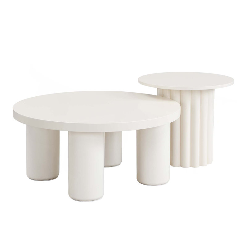 Modern Coffee Table Set Of 2, Round Coffee Table With Cylindrical Leg Design And 1 End Table For Living Room