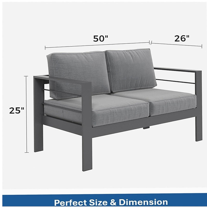 50" All-Weather Aluminum Patio Loveseat with  Thick Dark Gray Cushions & Gray Frame, Gray/Gray