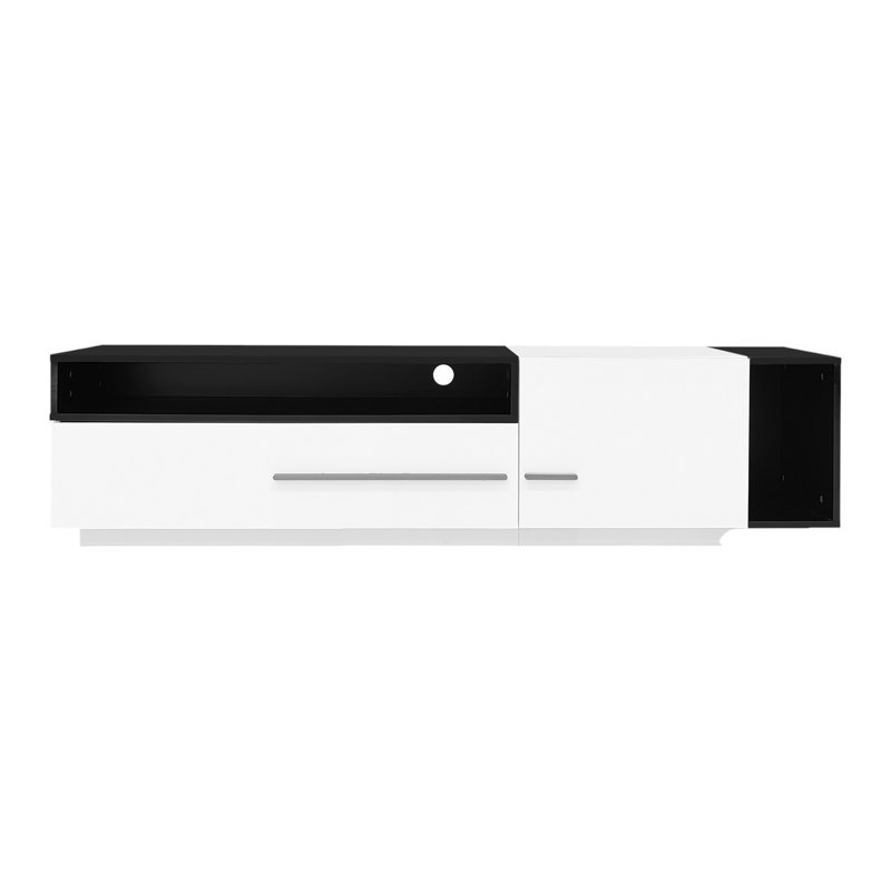 White With Black High Gloss TV Stand For 60 To 70 Inch Tvs With 2 Closed Storage Spaces, 1 Door And 1 Drawer