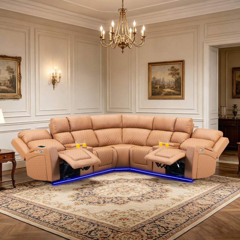 Canapé modulaire inclinable électrique avec haut-parleurs Bluetooth, brun clair à DEL, Brun