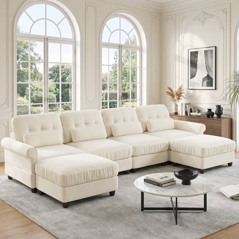 Canapé d'angle modulaire en forme de U de 126,7 pouces avec 2 poufs, Chenille beige