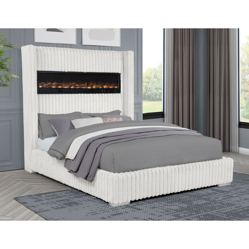 Upholstered Deluxe Fireplace High Headboard Bed, King, Cream