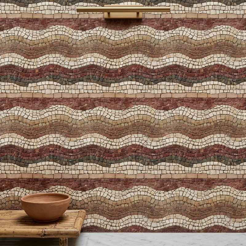 Papier peint mosaïque, carreaux de pierre, rayures ondulées, fresque murale, Non-Pasted