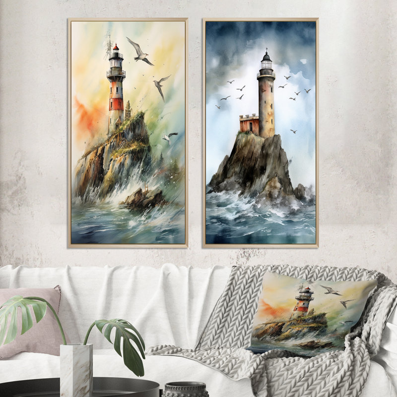 «Ocean Watchtower», 2 pièces sur toile, H 32 po x l 32 po, Encadrement brun