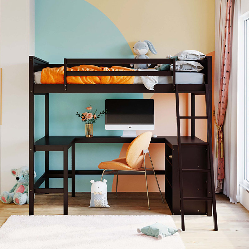 Lit mezzanine double avec tablettes et bureau, lit mezzanine en bois avec bureau, Espresso