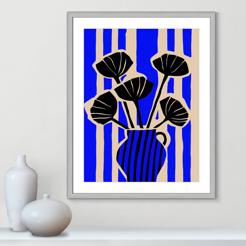 Vase rayé imprimé de fleurs par Treechild, L 23,5 po x H 29,5 po, Imprimé mat, Argent mat