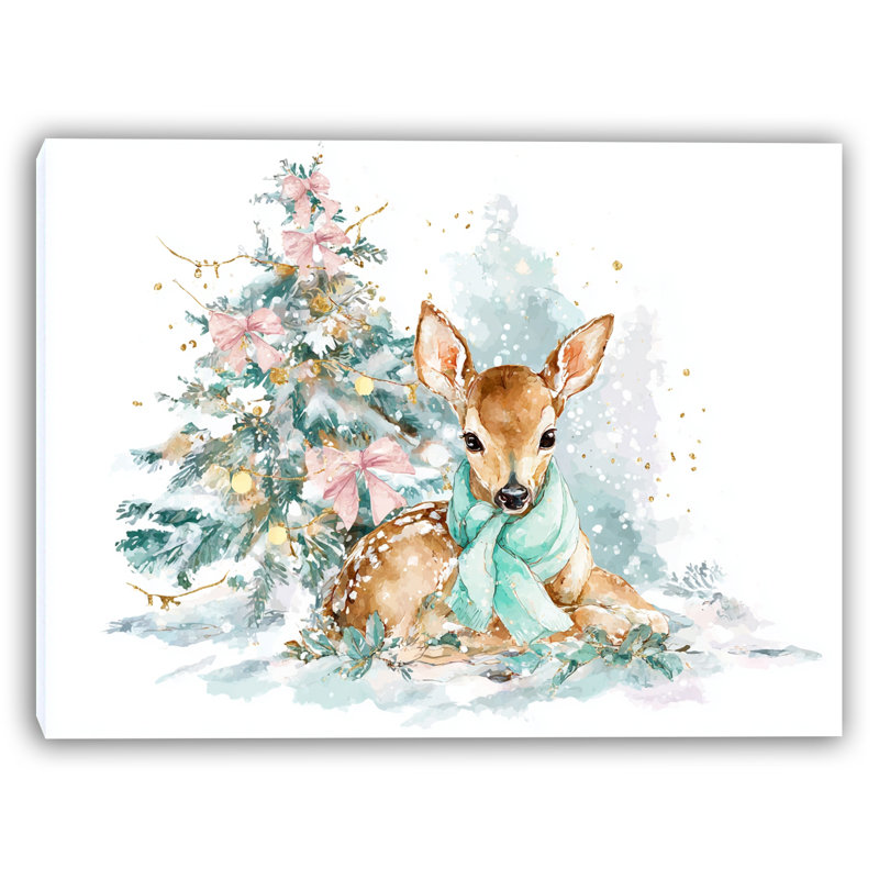 «Winter Deer» avec écharpe menthe et arbre de Noël, art mural sur toile tendue, H 36 po x l 48 po