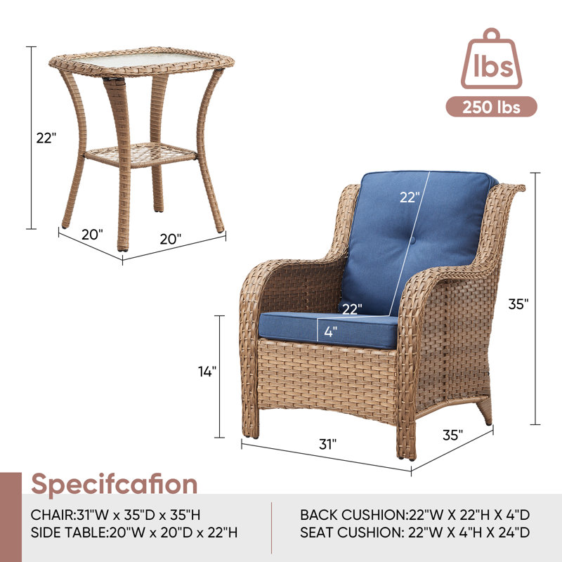 Schutt 2 - Person Patio Conversation Set with Cushions, Blue, Light Brown