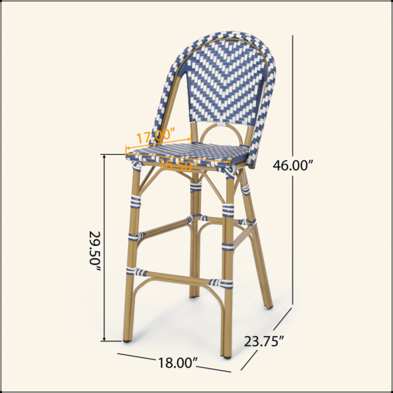Tabouret de bar d'extérieur français en rotin de 29,5 po avec structure en aluminium et finition bambou (ensemble de 2), Bleu