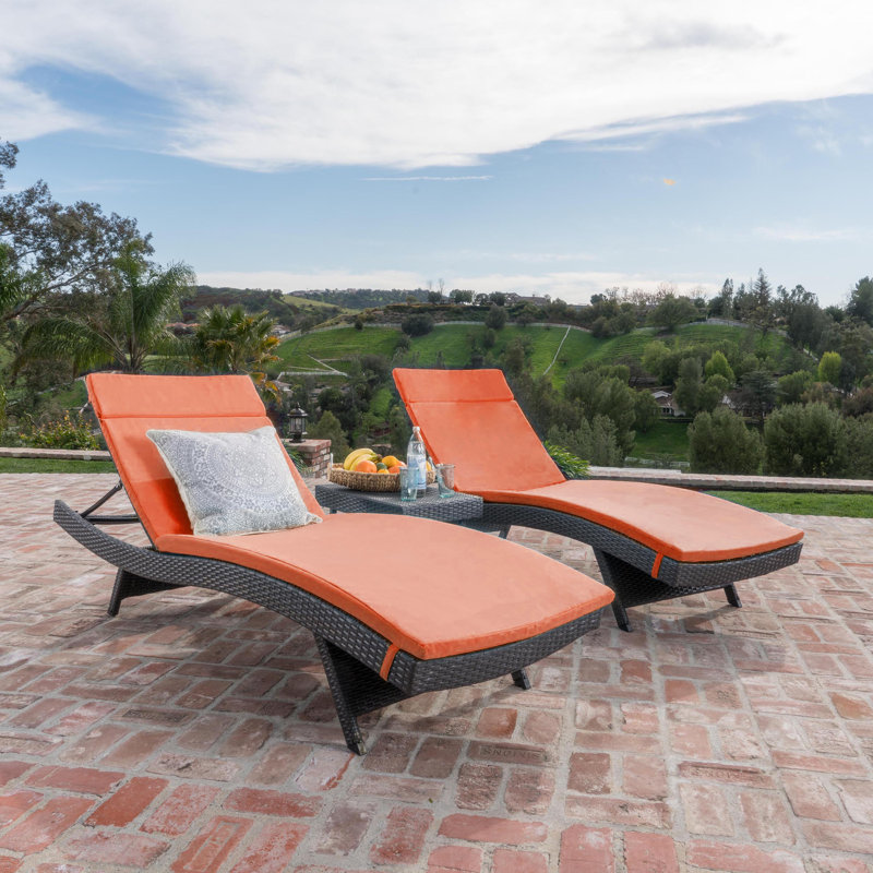 Hans Outdoor Wicker Chaise Lounge Set with Table , Cushion Included, Orange/Gray