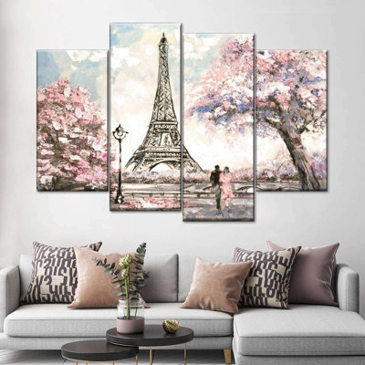 «Spring Lovers in Paris», reproduction de toile tendue 4 pièces
