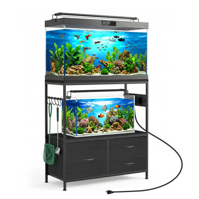 Support d'aquarium 20 à 29 gallons - Support d'aquarium en métal double avec armoire, capacité de 330 lb, prises de courant et tiroirs pour le bureau personnel