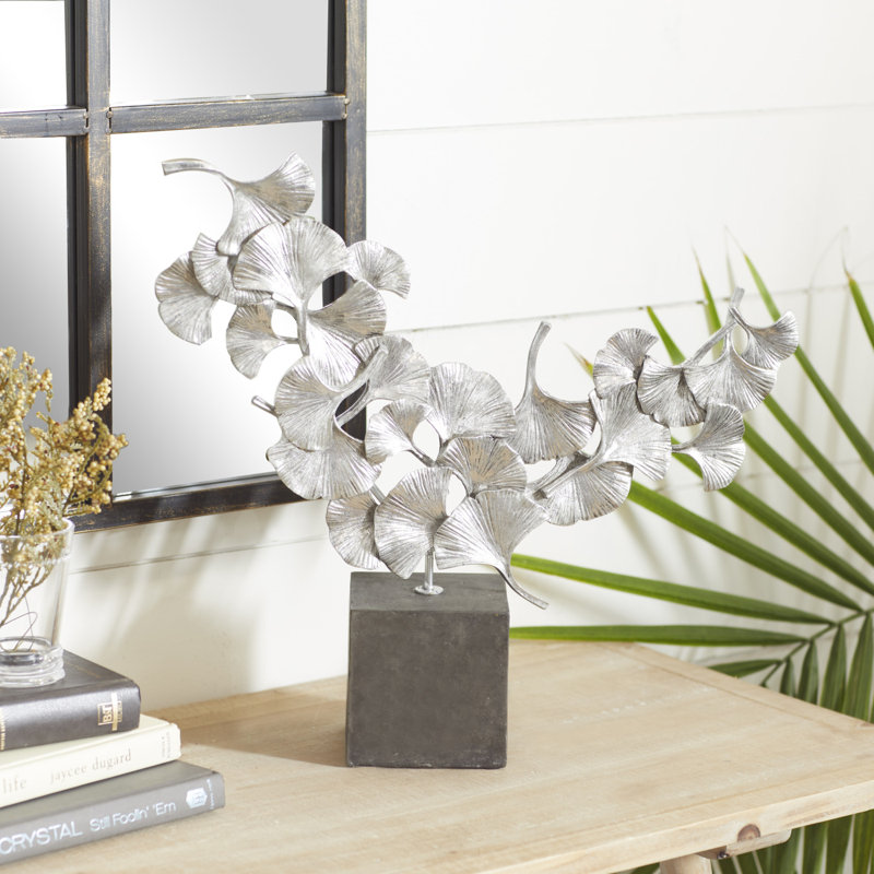 Polystone Handmade Floral Decorative Sculpture with Black Block Base, Silver, 17" H x 17.7" W x 4.4" D