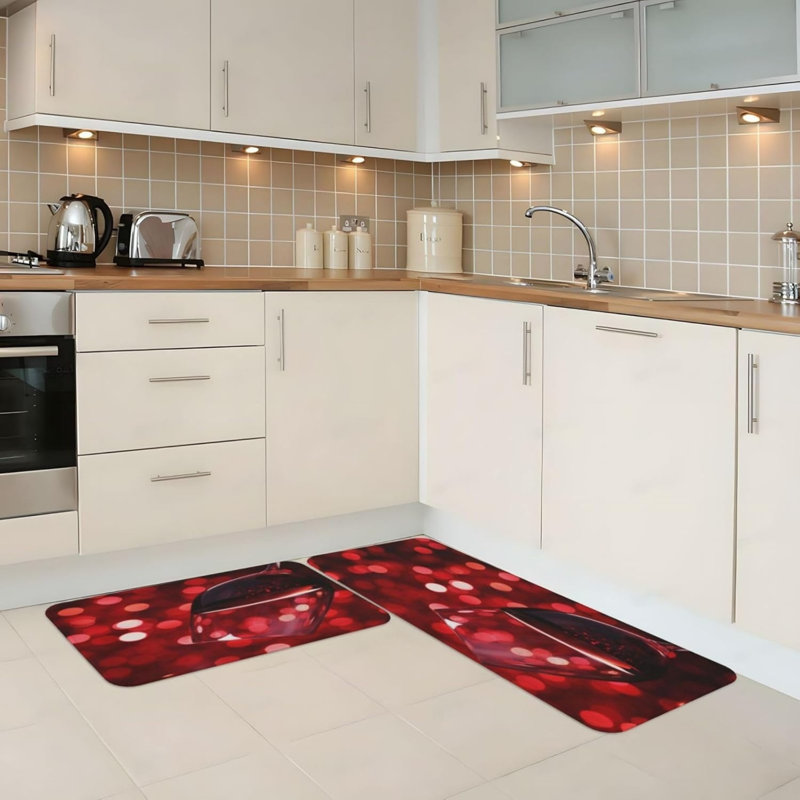 Red Wine Bokeh Print Kitchen Rugs for Kitchen & Bar Area, Red Black Home Decor Set of 2