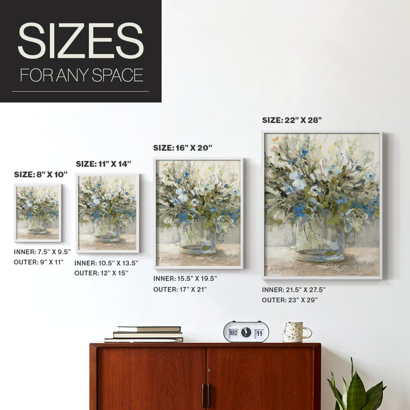Floral Impression Framed Print - Solid Wood, 11" H x 9" W, White