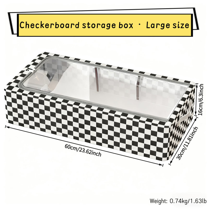 Boîte de rangement en damier - Grands sacs de rangement à carreaux extra larges 2 pièces avec couvercle transparent, structure en acier robuste robuste, conception pliable pour ranger les chaussures sous le lit, empilable et résistant à la moisissure