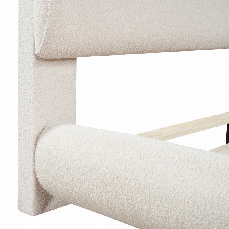 Lit plateforme en tissu d'ameublement Teddy, Beige, Grand lit